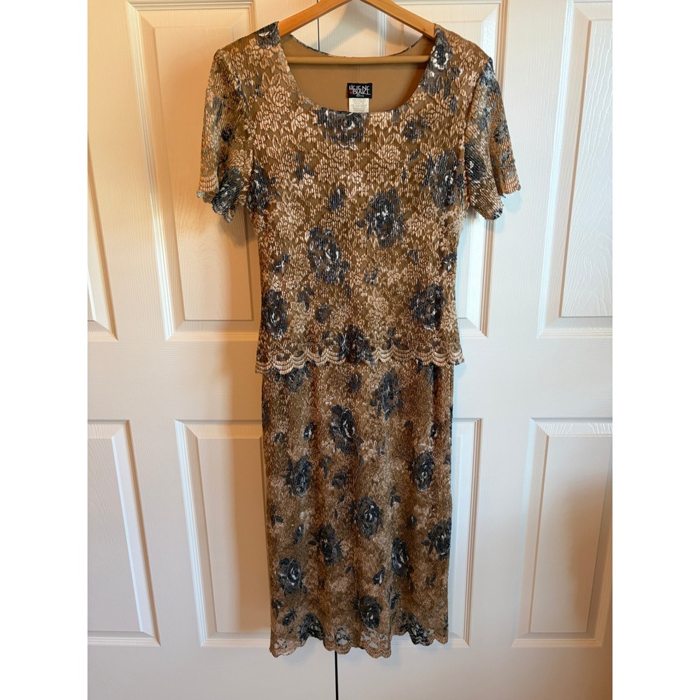 Helene Blake Vintage 90s Floral Lace Sheath Dress Petite 14P Gold Navy Metallic